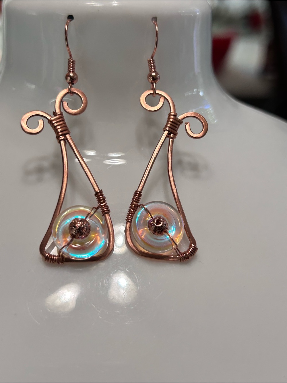 Copper Wire Wrapped Iridescent Glass Drop Earrings -